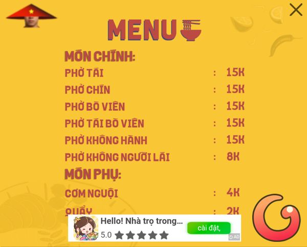 Menu quán Phở