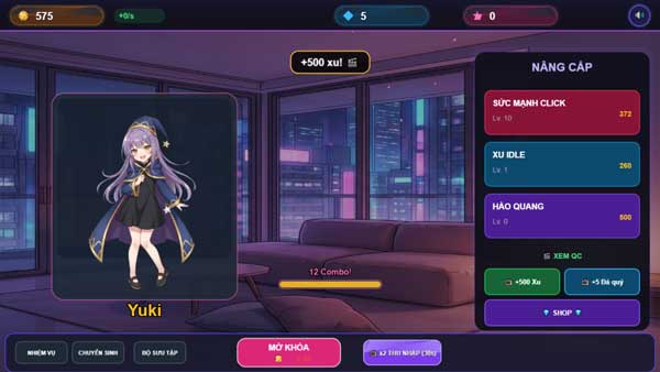 Tăng sức mạnh Click và mở khóa nhân vật Anime khi có đủ xu