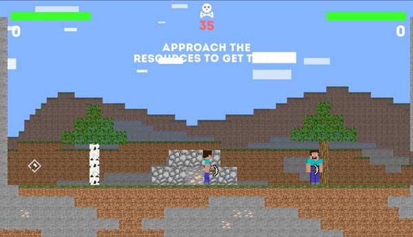 Điều khiển 2 nhân vật Noob di chuyển và khai thác tài nguyên