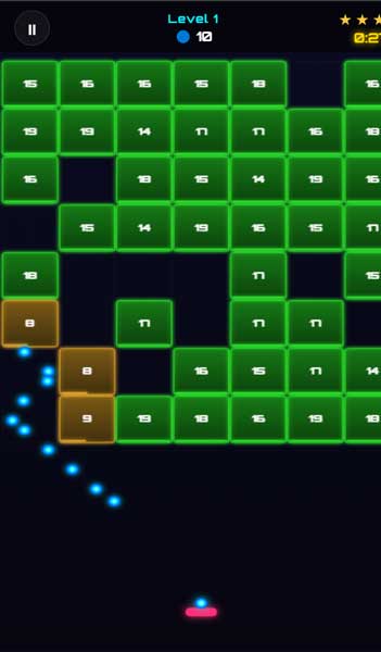 Chuỗi những quả bóng va chạm và phá vỡ những ô gạch trên màn hình