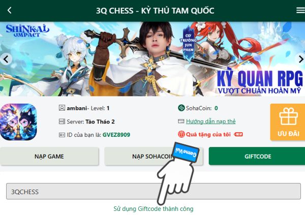 Sử dụng giftcode thành công