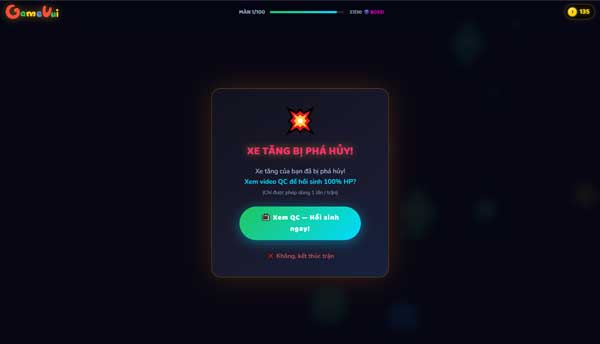Nếu thua trận có thể xem video QC để hồi sinh (1 lần 1 trận)