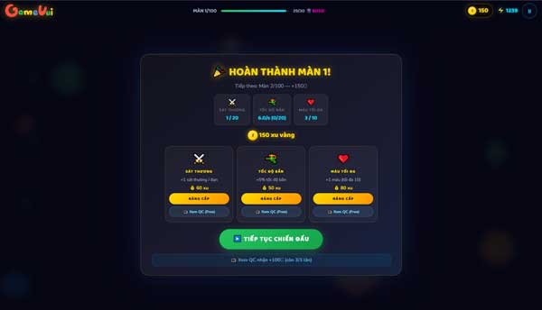 Giành chiến thắng, nhận xu vàng và nâng cấp sức mạnh