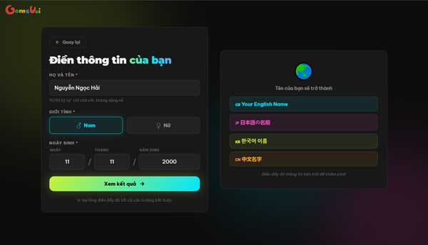 Người chơi nhập tên họ, giới tính và ngày tháng năm sinh