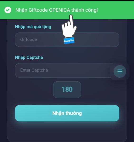 Nhận giftcode Openica thành công