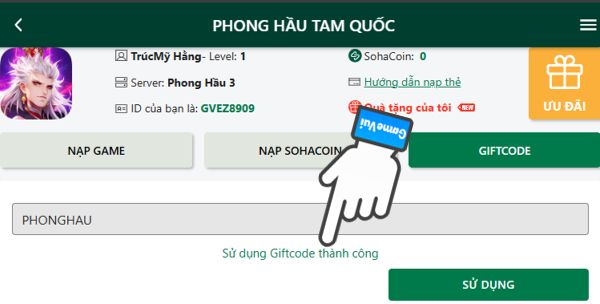 Sử dụng giftcode thành công