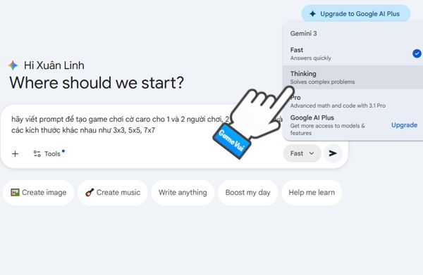 Yêu cầu Gemini viết Prompt tạo game
