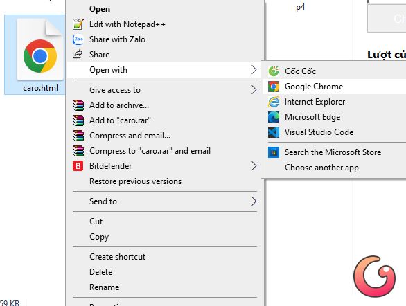 Mở file caro.html
