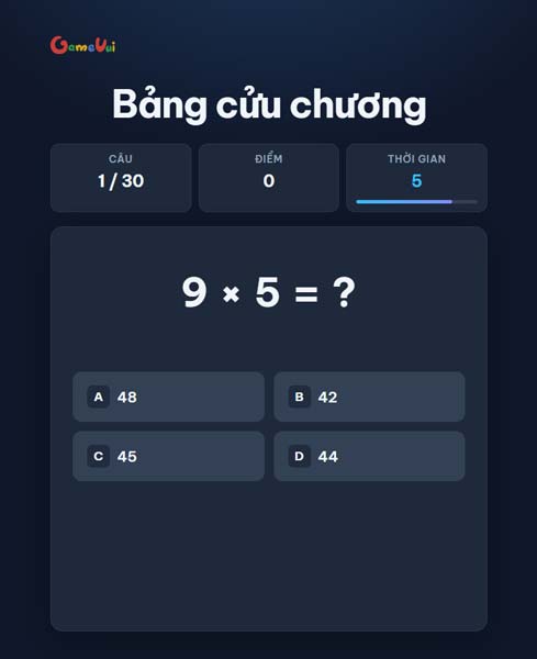 Mỗi câu hỏi sẽ có 4 đáp án